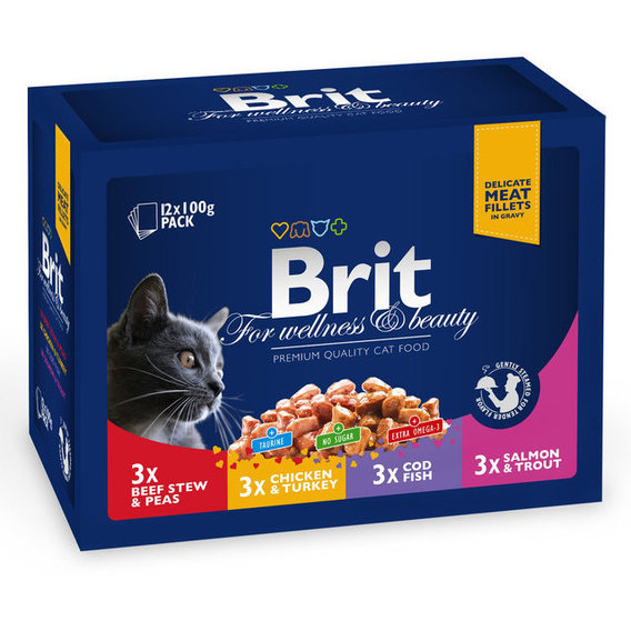 Влажный корм для кошек Brit Premium Cat pouch Семейная тарелка ассорти 4 вкуса 12x100 г (8595602506255)