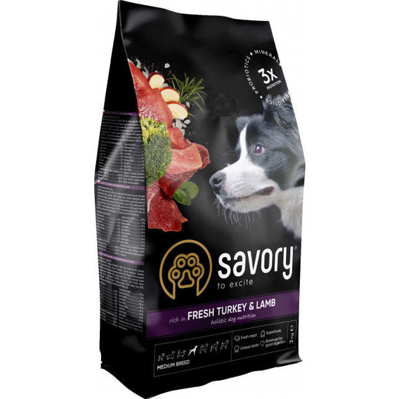 Сухой корм Savory для собак средних пород со свежим мясом индейки и ягненка, 3 кг (4820232630266)