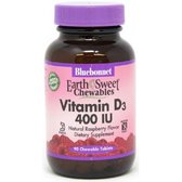 Bluebonnet Nutrition Vitamin D3 400IU Earth Sweet Chewables Natural Rasberry flavor Вітамін Д3 90 жувальних таблеток