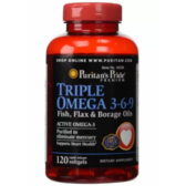 Puritan's Pride Triple Omega 3-6-9, Омега 3-6-9 масло льону огірочника і риби 120 гелевих капсул