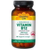 Country Life Vitamin B12 Sublingual 500 mcg 100 Lozenges Cherry Flavor Вітамін В-12 і фолієва кислота, зі смаком вишні