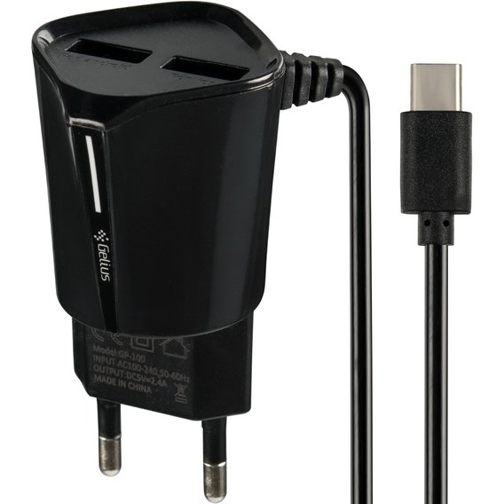 Зарядное устройство Gelius USB Wall Charger 2xUSB Pro Edition Auto ID 2.4A with Cable USB-C Black