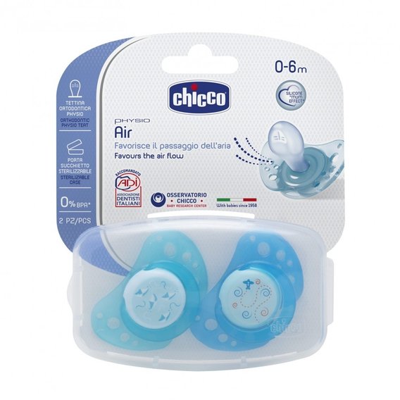 Пустышка Chicco Physio Air, силикон, 0-6 мес (2шт) (голубая) (75031.21)