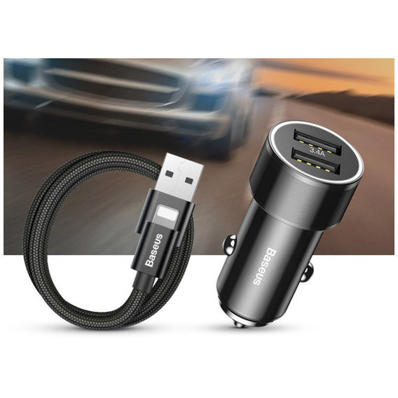 Зарядное устройство Baseus Car Charger Small Screw Series 2xUSB 3.4A + Lightning Cable Black (TZXLD-A01)
