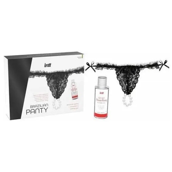 Трусики з перловим кільцем та полуничним лубрикантом Intt Brazilian Panty Black
