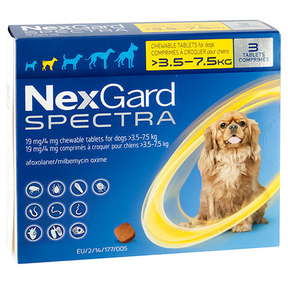 Таблетки от блох клещей и гельминтов NexGard Spectra 1 г для собак 3.5-7.5 кг 3 штуки упаковка цена за 1 таблетку