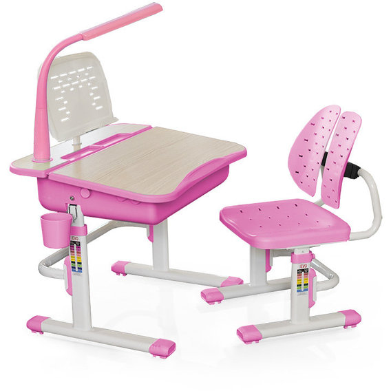 Комплект Evo-kids (стул+стол+полка+лампа) Evo-03 PN с лампой - столешница клен / цвет пластика розовый