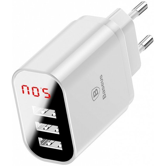 Зарядное устройство Baseus USB Wall Charger 3xUSB 3.4A Mirror Lake Intelligent Digital Display White (CCALL-BH02)