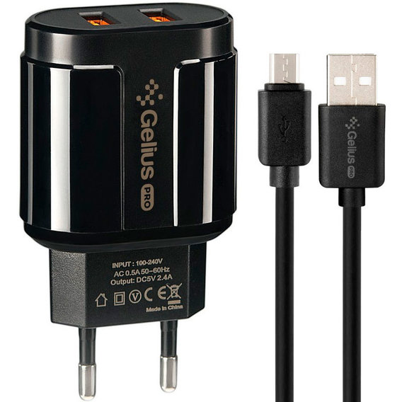 Зарядное устройство Gelius USB Wall Charger 2xUSB Pro Avangard 2.4A with with microUSB Cable Black (GP-HC06)