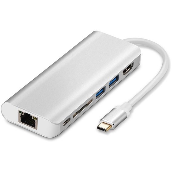 Адаптер WIWU Adapter H1 Plus USB-C to USB-C+RJ45+HDMI+SD+3xUSB3.0 HUB Silver (6957815504596)