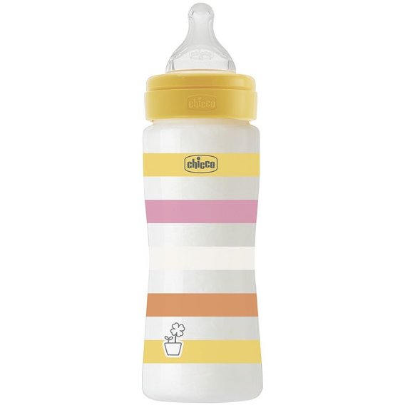Бутылочка для кормления пластиковая Chicco Well-Being Colors с силиконовой соской 4м+ 330 мл Желтая (28637.11)