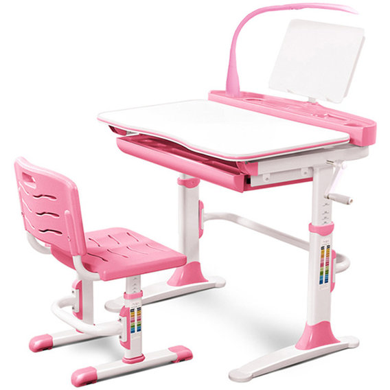 Комплект Evo-kids (стул+стол+полка+лампа) Evo-19 PN (Pink) с лампой - столешница белая / цвет пластика розовый