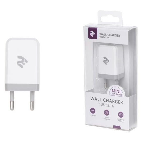 Зарядное устройство 2E USB Wall Charger 2.1A 5V White (2E-WC1USB2.1A-W)