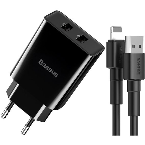 Зарядное устройство Baseus USB Wall Charger Speed Mini 2xUSB 2.1A 10.5W Black with Lightning Cable (TZCCFS-R01)