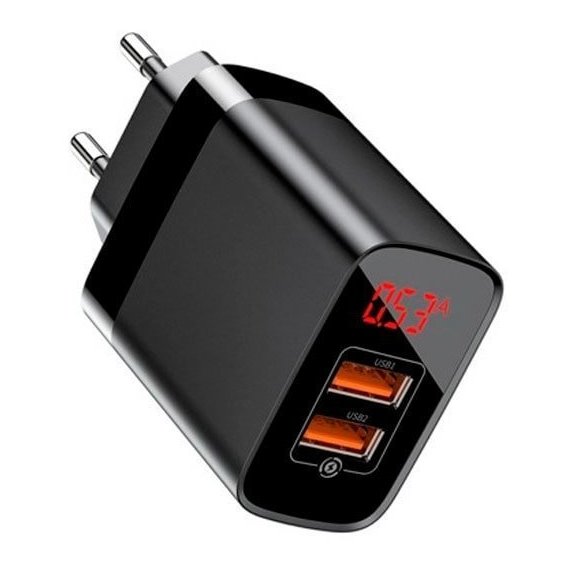 Зарядное устройство Baseus USB Wall Charger 2xUSB Mirror Lake Display Quick Charge 18W Black (CCJMHA-A01)