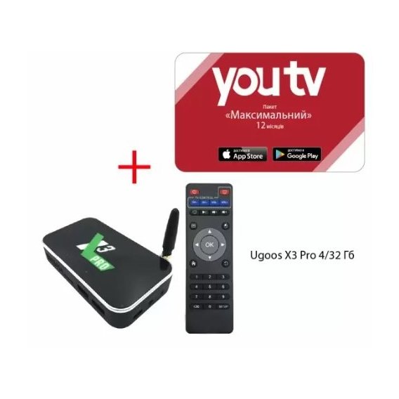 Приставка Smart TV Ugoos X3 Plus (4Gb/64Gb) + YouTV Максимальный на 12 месяцев для пяти устройств