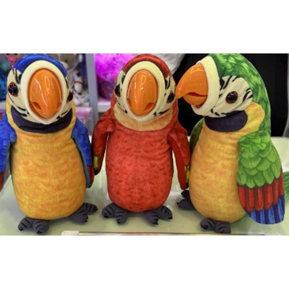 Мягкая интерактивная игрушка Попугай, повтор голоса, клюв шевелится, 3 цвета (K4107)