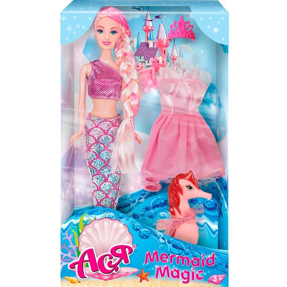 Кукла русалка Ася с 2 нарядами (розовый вариант) и питомцем