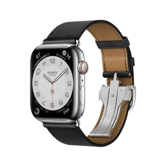 Apple Watch Series 7 Hermes 45mm GPS+LTE Silver Stainless Steel Case with Noir Swift Leather Single Tour Deployment Buckle