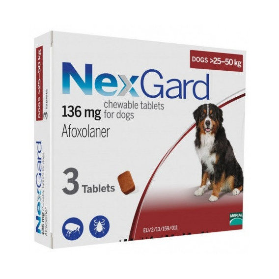 Таблетки от блох и клещей Merial NexGard для собак весом 25-50 кг XL 1 уп. 3 шт. инсектоакарицид (3661103042907)