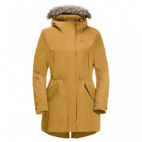 Парка Jack Wolfskin Wildwood Parka W 1113041-5205 40 горчичная зимняя с капюшоном и мехом