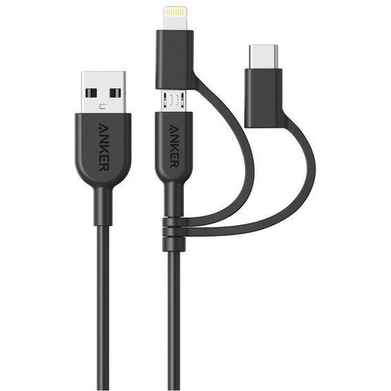 Кабель ANKER USB Cable to Lightning/microUSB/USB-C Powerline II V3 90cm Black (A8436H11)