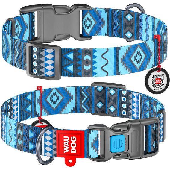 Ошейник WAUDOG Nylon с QR-паспортом, рисунок "Этно синий", пластиковый фастекс 25 мм 35-58 см синий (4585)