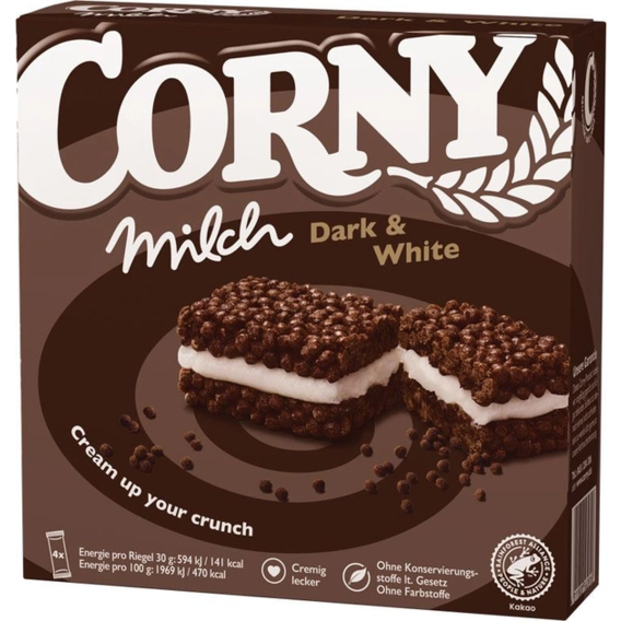 Упаковка злакових батончиків Corny з какао та молочно-кремовою начинкою 4х30 г (4011800562816)