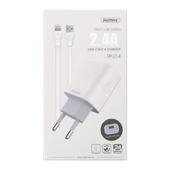 Зарядное устройство Remax USB Wall Charger Traveller 2.4A with Lightning Cable White (RP-U14LIGHTNING-WHITE)