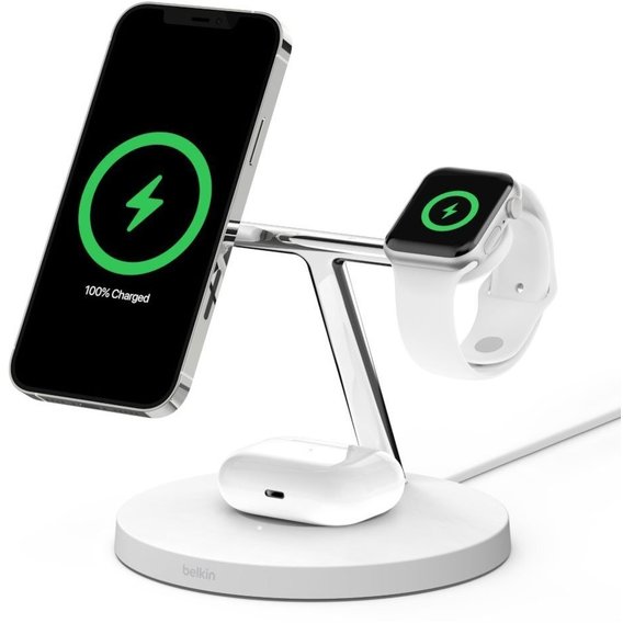 Зарядное устройство Belkin Wireless Charger Base Station MagSafe White (WIZ009VFWH) for iPhone 15 I 14 I 13 I 12 series and Apple Watch