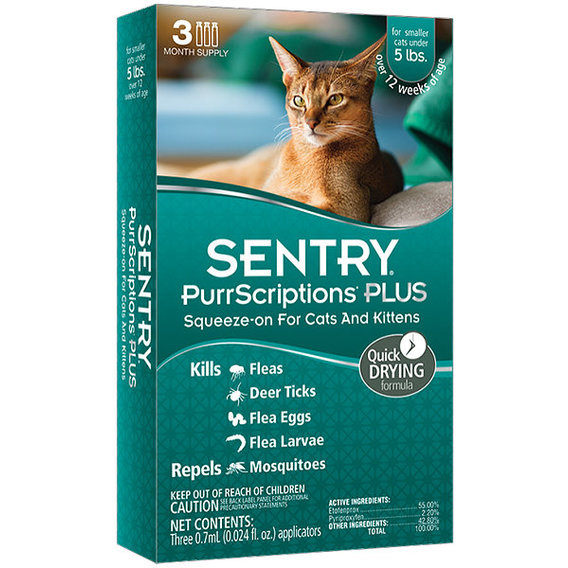 Капли Sentry PurrScriptions Plus от блох и клещей для котов весом до 2.2 кг 3х0.7 мл