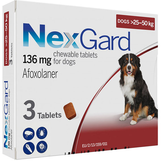 Жевательные таблетки от блох и клещей NexGard 136 мг для собак 25-50 кг 3 штуки упаковка цена за 1 таблетку