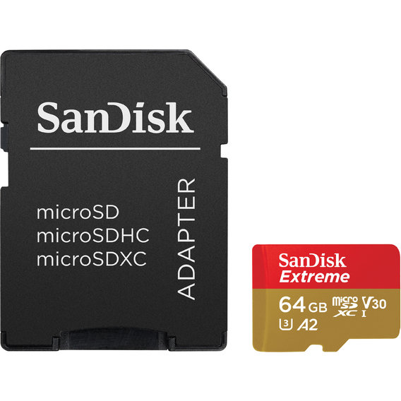 Карта памяти SanDisk 64GB microSDXC Class 10 UHS-I U3 A2 V30 Extreme + adapter (SDSQXAH-064G-GN6MA)