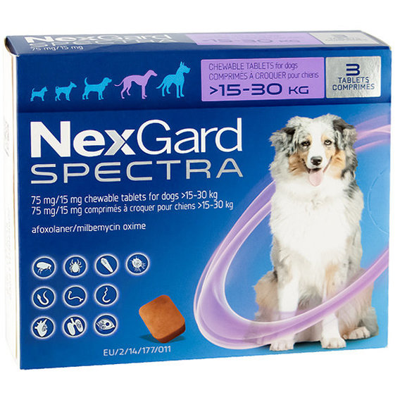 Таблетки от блох клещей и гельминтов NexGard Spectra 4 г для собак 15-30 кг 3 штуки упаковка цена за 1 таблетку