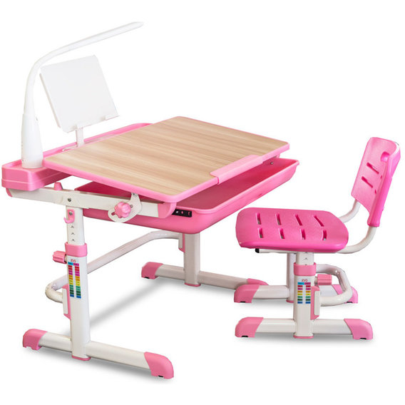 Комплект Evo-kids (стул+стол+полка+лампа) Evo-04 P клен (XL) Pink с лампой - столешница клен / цвет пластика розовый