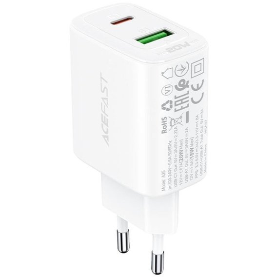 Зарядное устройство Acefast Wall Charger USB-C+USB A25 20W White