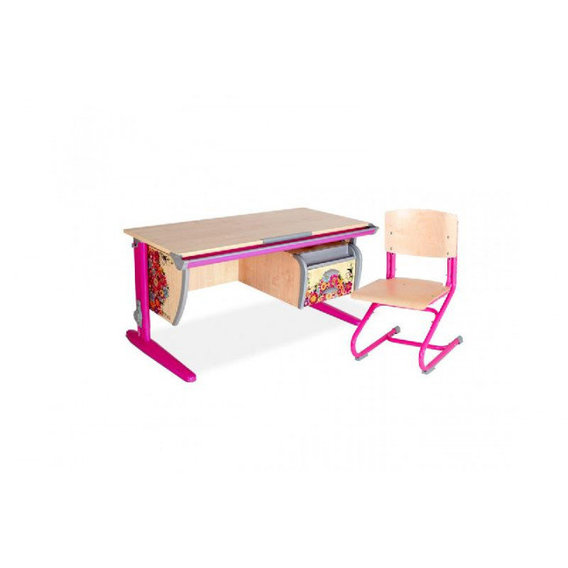 Стол универсальный трансформируемый СУТ.15-03 (120 см*61 см) + Тумба навесная ТСН.01-01 + Стул СУТ.01-01 (фанера) клен/розовый с рисунком (цветы)