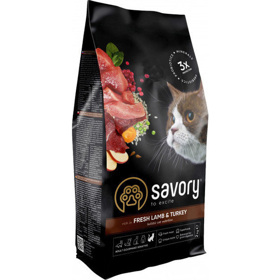 Сухой корм Savory для кошек с чувствительным пищеварением со свежим мясом ягненка и индейки, 2 кг (4820232630082)
