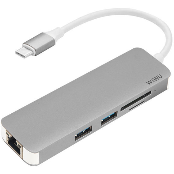 Адаптер WIWU Adapter T4 USB-C to 2xUSB3.0+RJ45+SD+ HUB Gray (6957815504817)