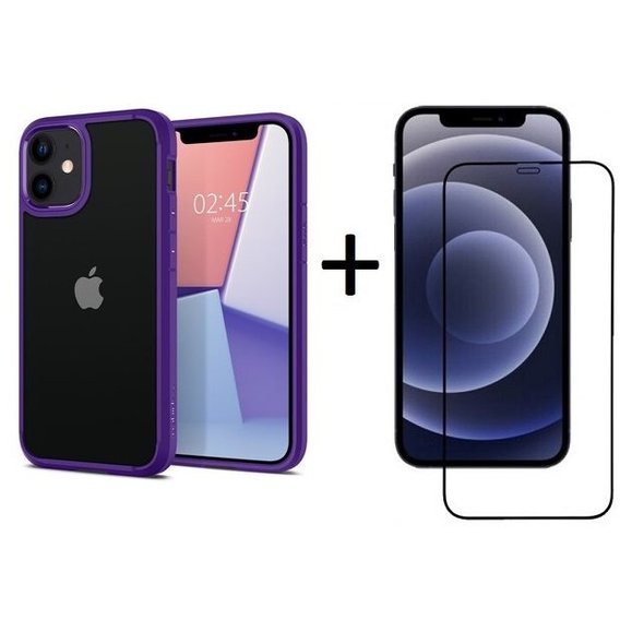 Аксессуар для iPhone Набор Spigen Crystal Hybrid Hydrangea Purple (ACS01544) + BeCover Tempered Glass for iPhone 12 mini