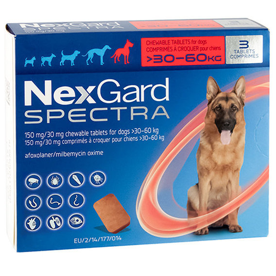 Таблетки от блох клещей и гельминтов NexGard Spectra 8 г для собак 30-60 кг 3 штуки упаковка цена за 1 таблетку
