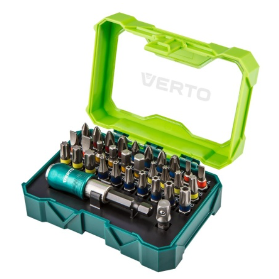 Биты Verto набор 32шт 1/4" битодержатель ключ с трещоткой SL,PH,PZ,H,TT,TX 25мм CrV кейс
