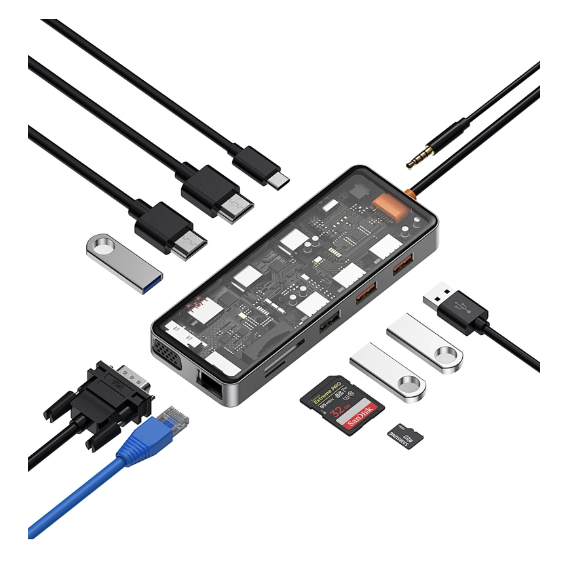 Адаптер WIWU Adapter Cyber 12in1 USB-C to 2xUSB3.0+2xUSB2.0+USB-C+SD+MicroSD+VGA+2xHDMI+RJ45+3.5mm Space Gray