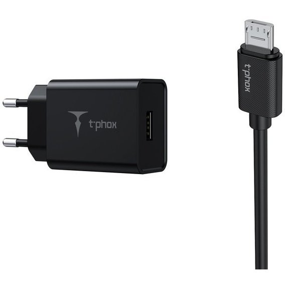Зарядное устройство T-PHOX USB Wall Charger Mini 12W with microUSB Cable 1.2m Black (Mini(B)+Micro)