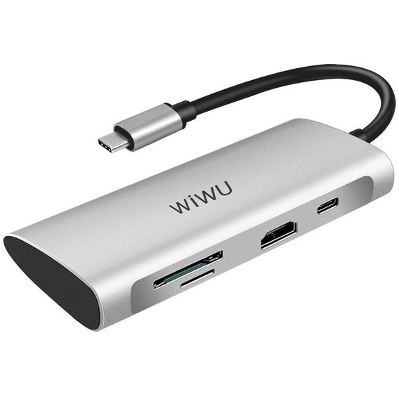 Адаптер WIWU Adapter Alpha 731HP USB-C to 3xUSB3.0+HDMI+USB-C+SD+TF Card Silver (695781551260)
