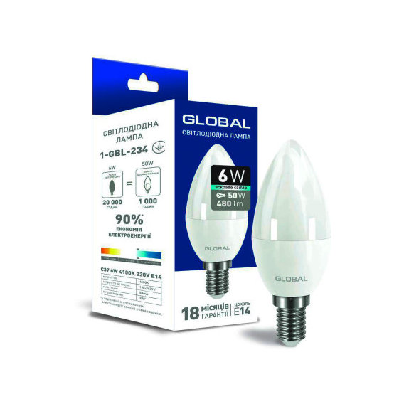 

Лампа светодиодная Global C37 6W 4100K 220V E14 (1-GBL-234)