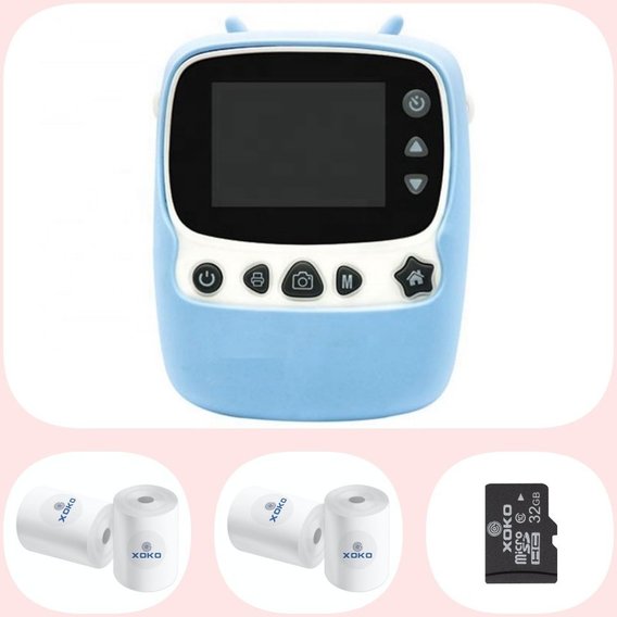 КОМПЛЕКТ! Цифровой детский фотоаппарат-принтер XOKO KVR-1000 голубой + Бумага для печати (4 ШТ) + карта памяти 32GB
