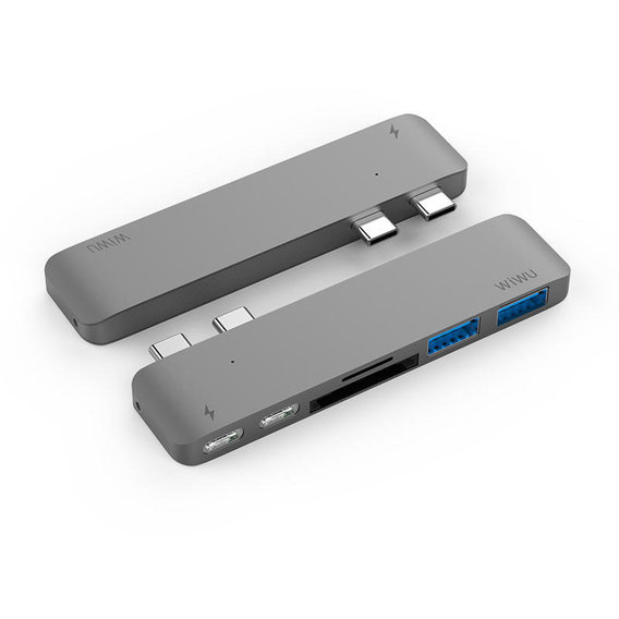 Адаптер WIWU Adapter H2 USB-C to Dual USB-C+SD+microSD+2xUSB3.0 HUB Gray (6957815504671)