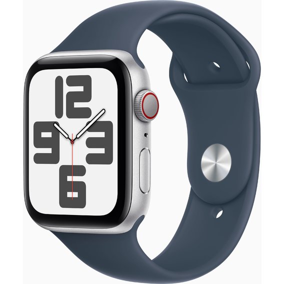 Apple Watch SE 2 2023 44mm GPS+LTE Silver Aluminum Case with Storm Blue Sport Band - M/L (MRHH3)