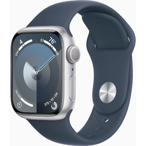 Apple Watch Series 9 41mm GPS Silver Aluminum Case with Storm Blue Sport Band - S/M (MR903)